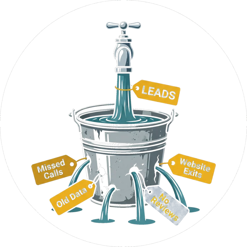 Leaky bucket illustration: leads pour in from a faucet but leak out through holes labeled Missed Calls, Old Data, No Reviews, and Website Exits